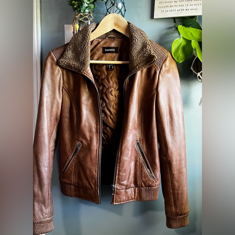 Danier Tan Genuine Leather Jacket with Cozy Sherpa Collar